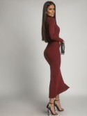 Cotton fitted maxi dress with a turtleneck, burgundy FG680